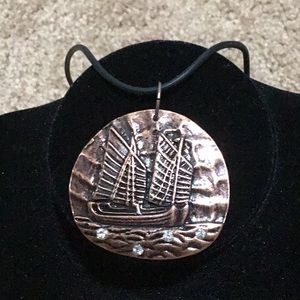 ⭐️ Handmade Sailboat Copper Colored Medallion Necklace  NEW - 16”